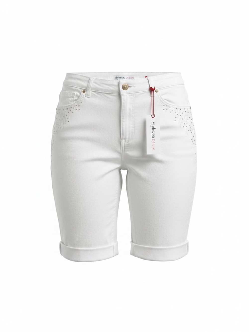 Style & Co. Denim White Rhinestone Embellished Bermuda Shorts NWT Size 14